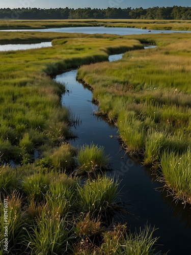 Lush salt marsh featuring tidal streams and ample space.