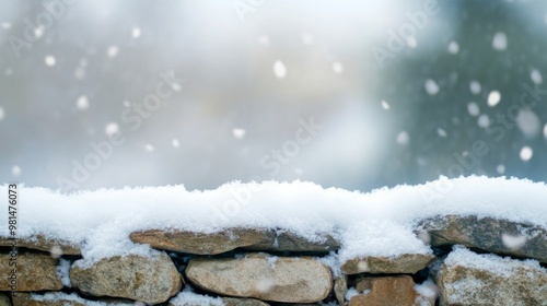 Wallpaper Mural Snowfall Serenity, gentle snowflakes drifting over a weathered stone wall, creating a tranquil scene that embodies simplicity and timeless beauty in a minimalist landscape. Torontodigital.ca