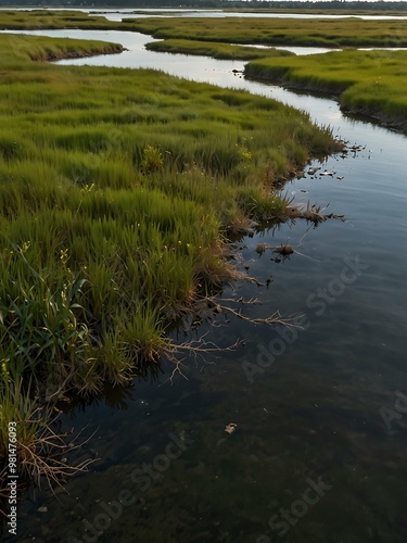 Lush salt marsh featuring tidal streams and ample space.