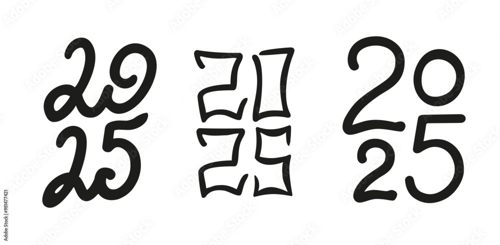 Vector set of clipart 2025 year handwriting font. Isolated lettering for design calendar Vector set of clipart 2025 year handwriting font. Isolated lettering for design calendar