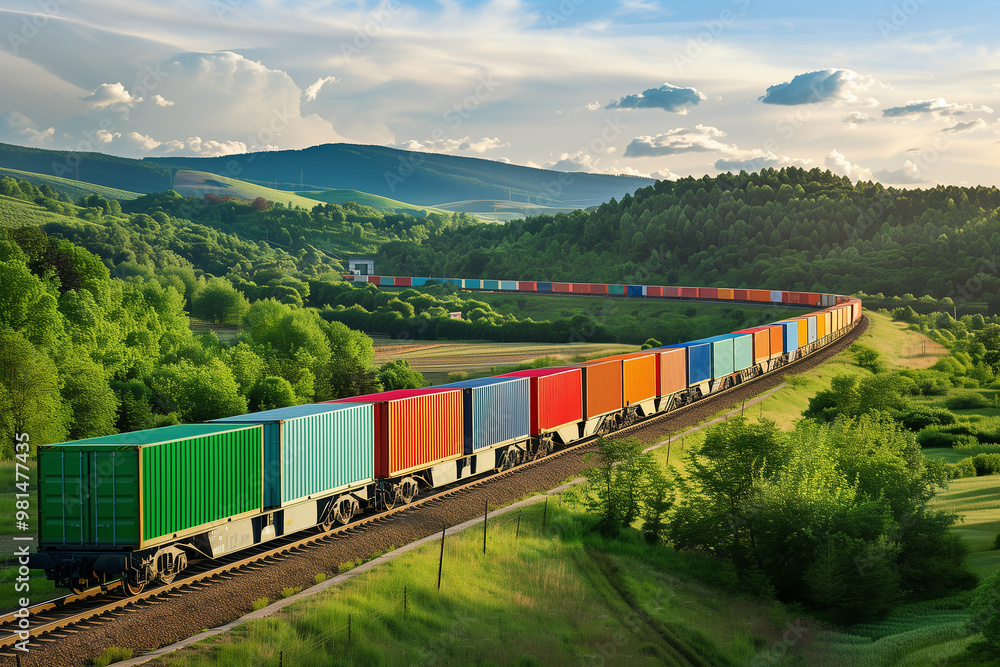 Fototapeta premium A Colorful Freight Train is Moving Gracefully Through a Scenic and Beautiful Landscape. Generative AI