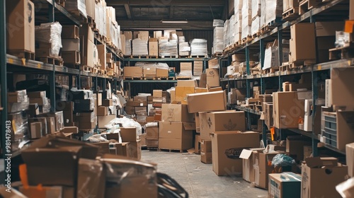 A cluttered warehouse interior filled with scattered boxes and packing materials, illustrating the need for improved organization and inventory management.