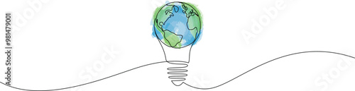 Earth globe inside lightbulb one continuous line drawing. Eco innovation or green energy concept drawn in simple doodle style. Vector illustration with editable stroke.
