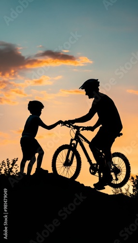 Silhouette of a father helping his son to get on his mountain bike.