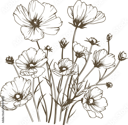 Drawing of flowers bouquet. One colour vector design