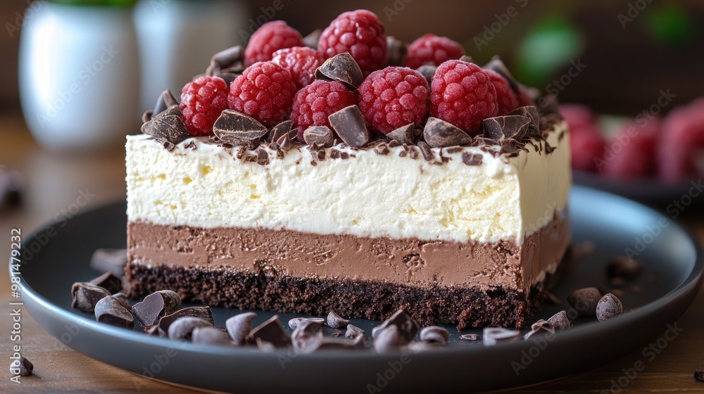Closeup of chocolate cake, delicious slice of chocolate cake in plate on black background. Closeup of chocolate cake, delicious slice of chocolate cake in plate on black background.