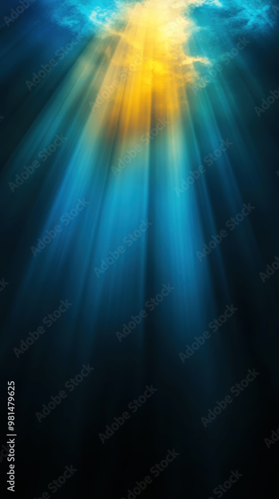 Obraz premium Light rays penetrate the calm blue ocean surface, creating a tranquil underwater atmosphere at midday