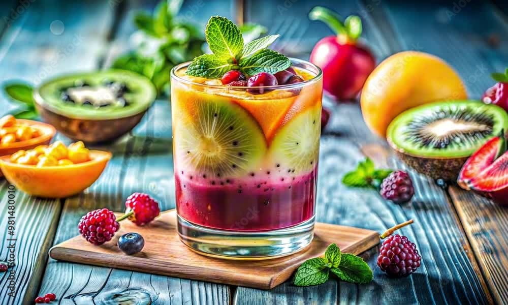 Colorful fruit cocktail with kiwi, mango, and berries served in a glass on wooden table