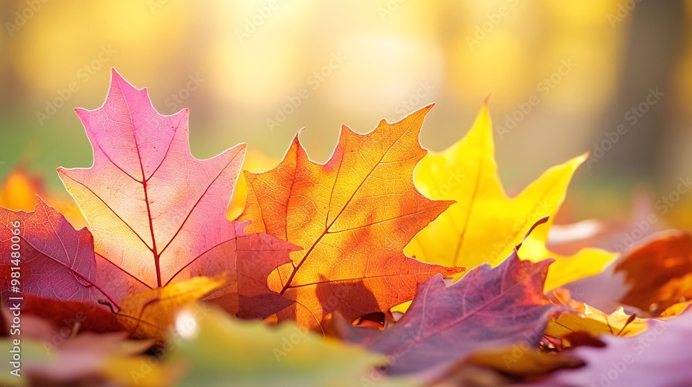 Colorful autumn leaves on the ground, with a blurred background of trees and sunlight. Colorful autumn leaves on the ground, with a blurred background of trees and sunlight.