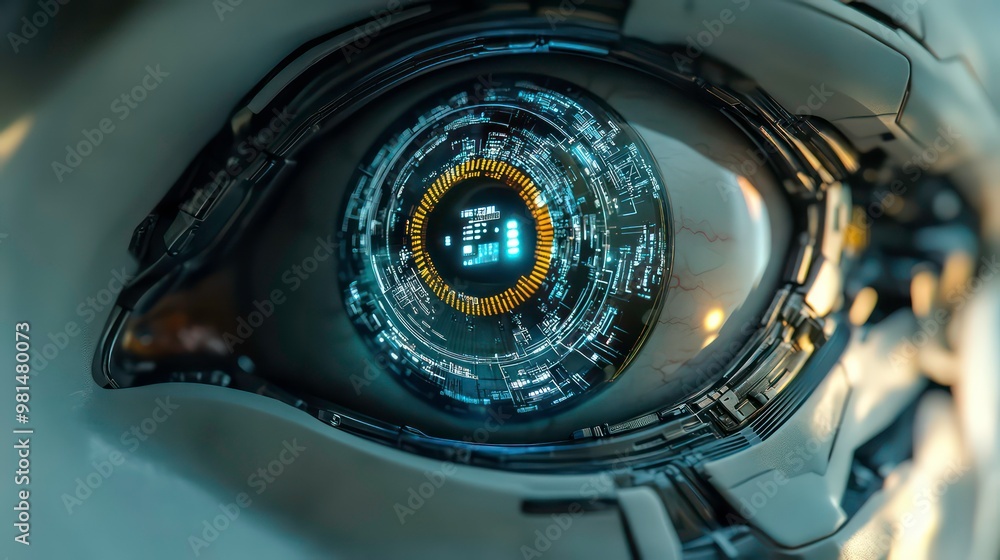 Close-up of a robotic eye with glowing digital interface. Close-up of a robotic eye with glowing digital interface.