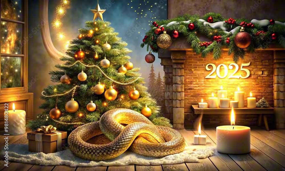 Decorated Christmas tree with a 2025 theme and a snake near a cozy fireplace Decorated Christmas tree with a 2025 theme and a snake near a cozy fireplace