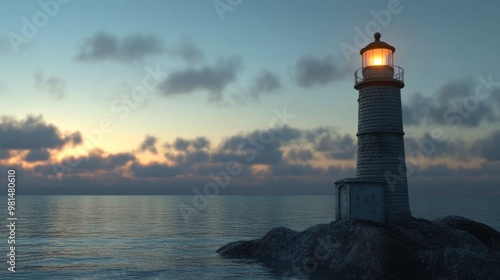 Wallpaper Mural Dusk Beacon, a serene scene of a lighthouse illuminating the darkening horizon, its warm glow contrasting with the cool twilight sky, guiding sailors safely home. Torontodigital.ca