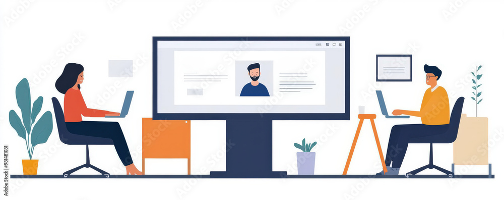 A virtual event scene featuring two people engaged in an online meeting, with large screen displaying participant. atmosphere is professional and collaborative, highlighting remote communication A virtual event scene featuring two people engaged in an online meeting, with large screen displaying participant. atmosphere is professional and collaborative, highlighting remote communication