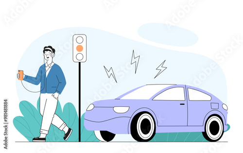 Not careful pedestrian. Young guy with player and headphones crossing pedestrian crossing. Citizen violating traffic rules. Danger and risk. Linear vector illustration