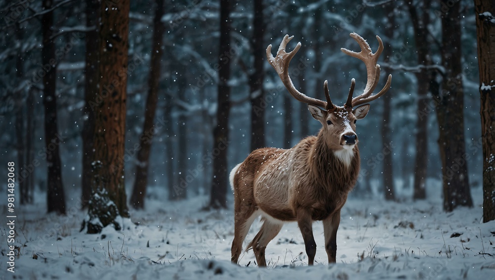 Majestic reindeer in a snowy forest, illuminated by falling snowflakes. Majestic reindeer in a snowy forest, illuminated by falling snowflakes.