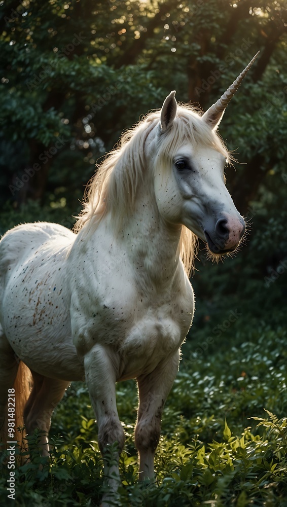 Majestic unicorn standing gracefully in lush greenery. Majestic unicorn standing gracefully in lush greenery.