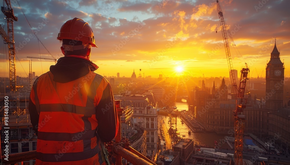 Sunset at a construction site with cranes and workers overlooking the city skyline Sunset at a construction site with cranes and workers overlooking the city skyline