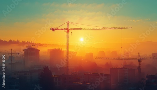 Workers operating cranes at a construction site during sunrise in a bustling urban area