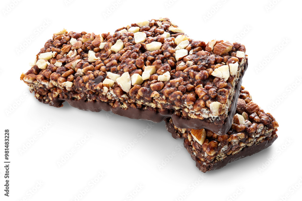 Chocolate protein bars with nuts, cereal and granola isolated on transparent background, high protein sports nutrition Chocolate protein bars with nuts, cereal and granola isolated on transparent background, high protein sports nutrition