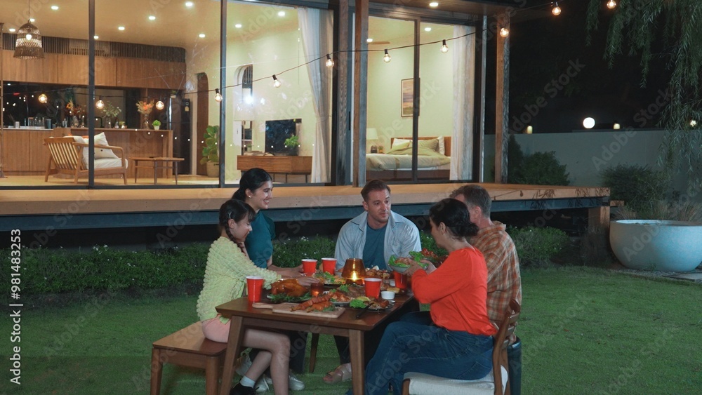 Family gather celebrate holiday. Parents, grandparents and girl together to talk and have dinner party food. Outdoor activity for spending time with multigeneration cross generation gap. Divergence. Family gather celebrate holiday. Parents, grandparents and girl together to talk and have dinner party food. Outdoor activity for spending time with multigeneration cross generation gap. Divergence.