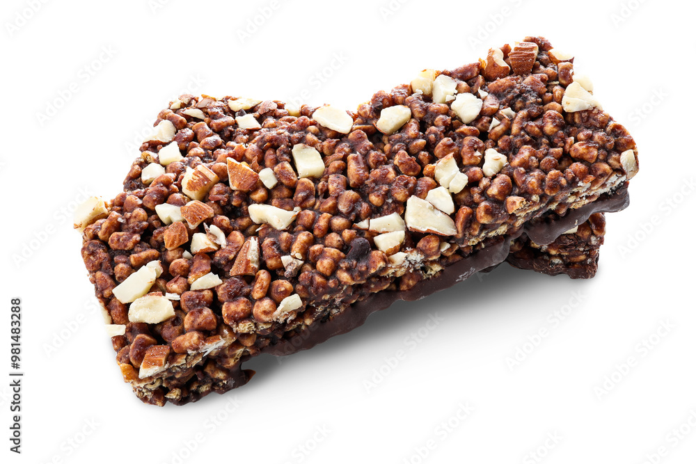 Chocolate protein bars with nuts, cereal and granola isolated on transparent background, high protein sports nutrition Chocolate protein bars with nuts, cereal and granola isolated on transparent background, high protein sports nutrition
