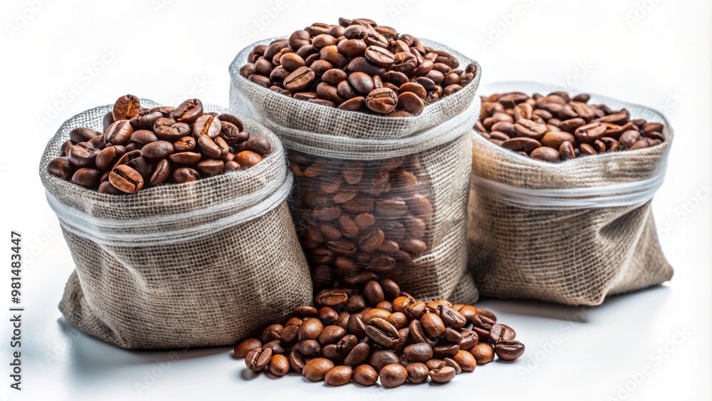 Fototapeta premium Three burlap sacks filled with rich, roasted coffee beans arranged on a bright surface, perfect for showcasing coffee culture.