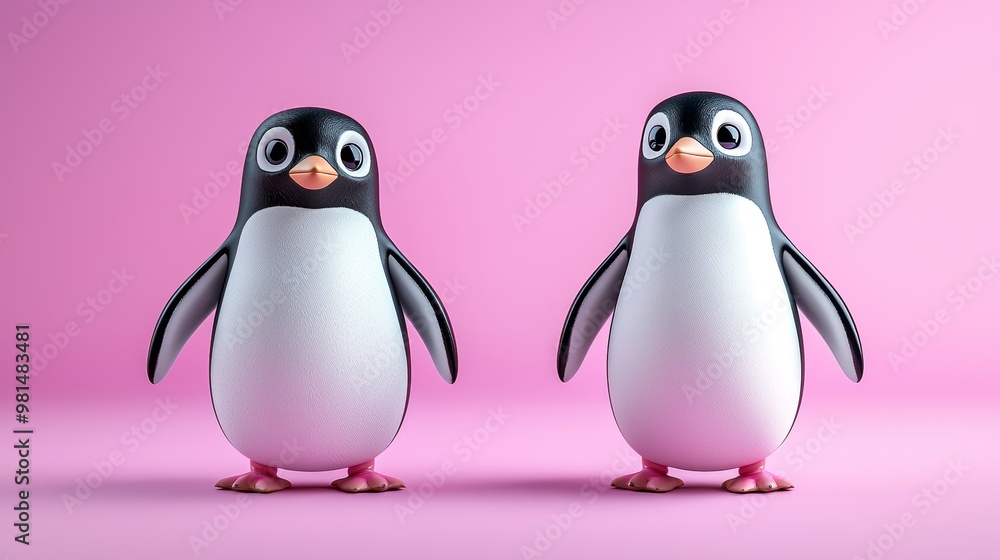 Obraz premium Two cute cartoon penguins stand together against a vibrant pink background, showcasing their playful character and charm.