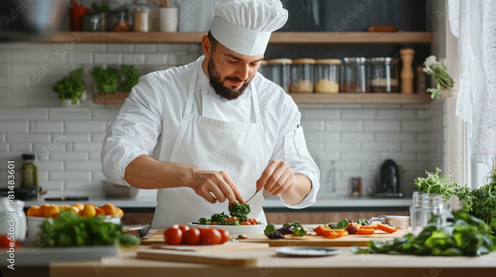 chef in a well-equipped kitchen arranging microgreens on a plated dish with precision, copy space chef in a well-equipped kitchen arranging microgreens on a plated dish with precision, copy space