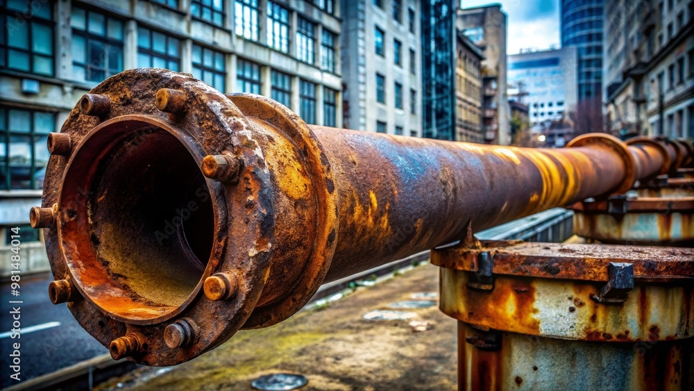 A close-up view of a rusty industrial pipe, showcasing urban decay amidst modern architecture in a city environment. A close-up view of a rusty industrial pipe, showcasing urban decay amidst modern architecture in a city environment.