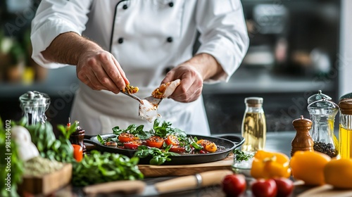 chef in a well-equipped kitchen arranging microgreens on a plated dish with precision, copy space