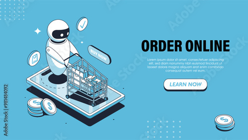Order online isometric poster. Chatbot with shopping cart with bags. Electronic commerce and shopping, home delivery. Landing webpage design. Linear vector illustration