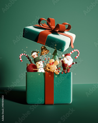 Open grren gift box with Christmas decoration. Santa Claus with Elf and Snowman in Christmas present on green background. 3D Rendering, 3D Illustration	