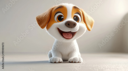 3d cartoon illustration of adorable puppy with big expressive eyes smiling cheerfully against white room background, dog, pet, domestic animal, friend, character, canine, breed, baby