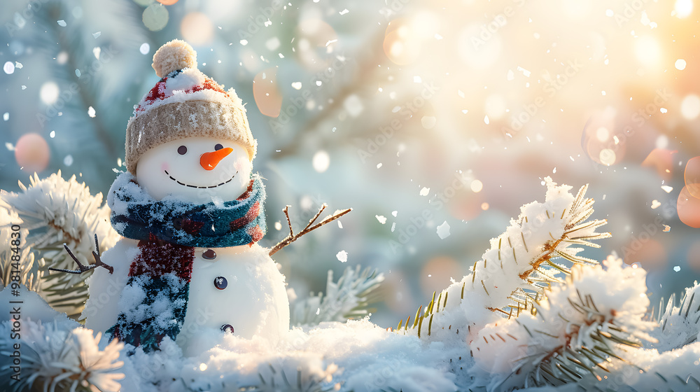 Obraz premium Panoramic View of Happy Snowman in Winter Scenery