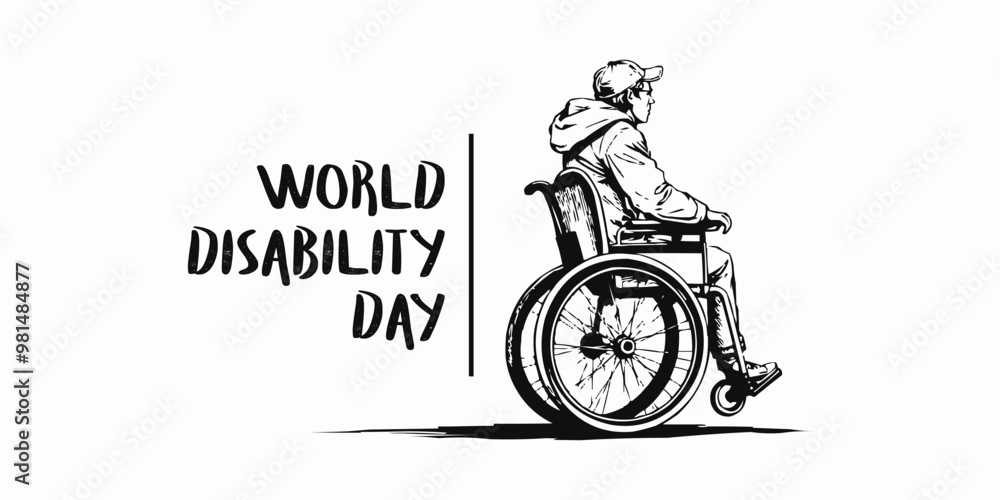 Fototapeta premium World Disability Day. International Day of Persons with Disabilities. Men in wheel chair and man with prosthesis. logo design. line art logo
