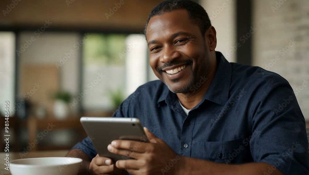 Middle-aged African-American man smiling while using a tablet. Middle-aged African-American man smiling while using a tablet.