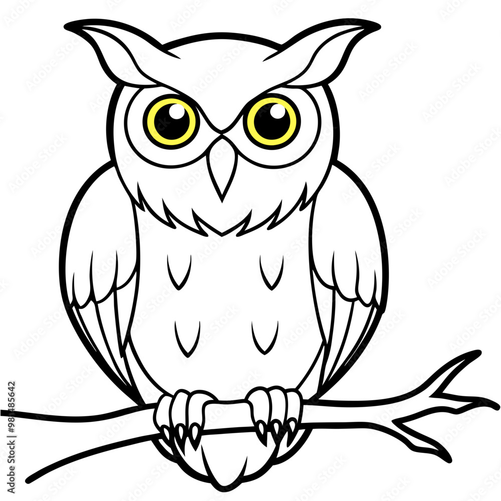 Fototapeta premium Intricate Owl with Glowing Eyes on Spooky Branch line art Vector Design