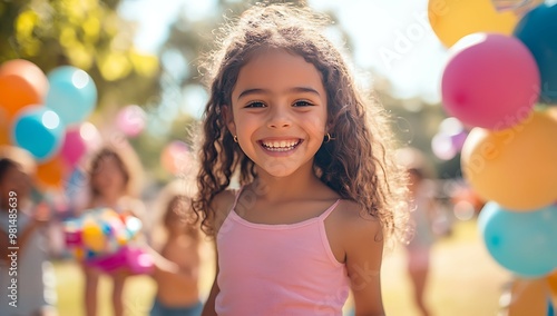 Smiling little girl with balloons on birthday party in park.