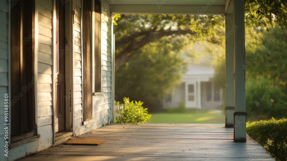 Naklejka premium Serene Porch Ambiance, a tranquil outdoor space enveloped in gentle illumination, inviting relaxation and peaceful moments in a cozy, sunlit setting