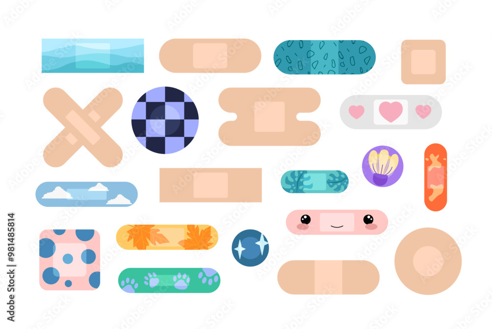 Set of patches. Bandages in different shapes. Protection for skin. Healthcare and medicine. Bandage and tape for wounds and injuries. Linear vector illustration Set of patches. Bandages in different shapes. Protection for skin. Healthcare and medicine. Bandage and tape for wounds and injuries. Linear vector illustration