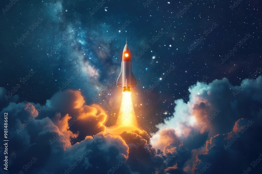 A space shuttle takes off into the sky with smoke and flames visible A space shuttle takes off into the sky with smoke and flames visible