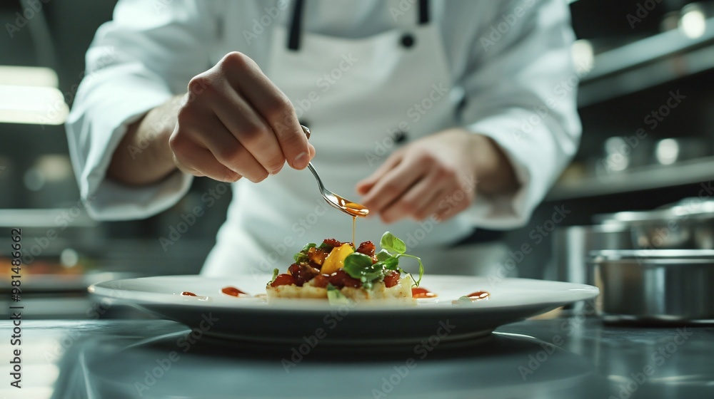 chef in a well-equipped kitchen arranging microgreens on a plated dish with precision, copy space chef in a well-equipped kitchen arranging microgreens on a plated dish with precision, copy space