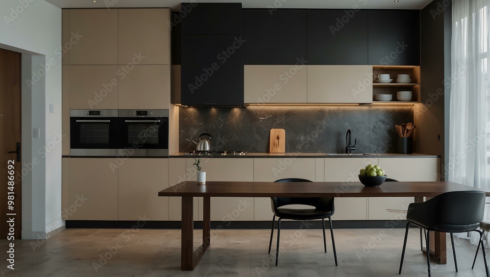 Minimalist kitchen with sleek appliances and a spacious look. Minimalist kitchen with sleek appliances and a spacious look.