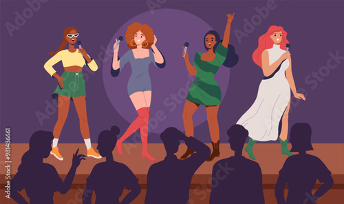 Musical band performance. Women with microphone singing on stage. Talented singers. Pop musicians performing at concert or show. Entertainment and fun, leisure. Flat vector illustration