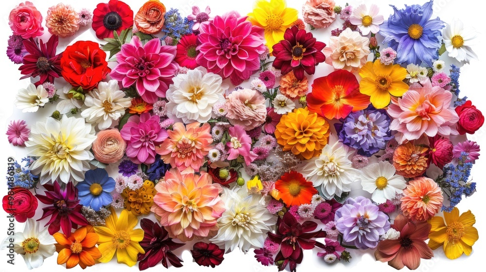 A bouquet of variously colored flowers arranged on a plain white surface A bouquet of variously colored flowers arranged on a plain white surface