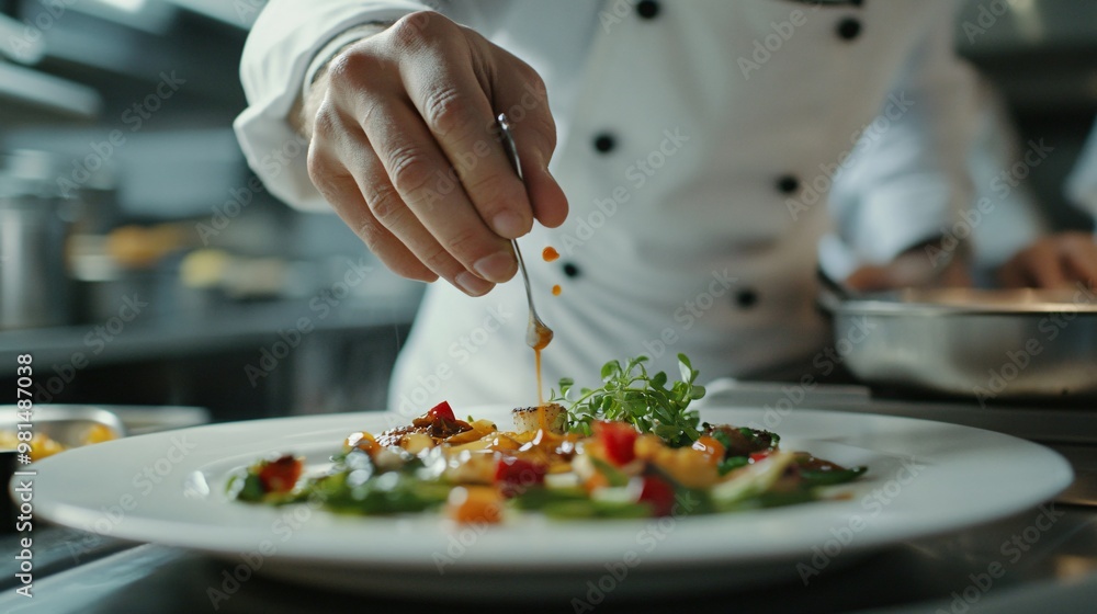 chef in a well-equipped kitchen arranging microgreens on a plated dish with precision, copy space chef in a well-equipped kitchen arranging microgreens on a plated dish with precision, copy space