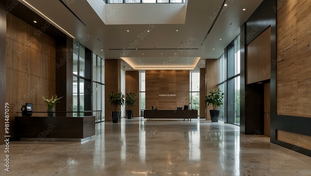 Minimalist office lobby with natural light and sleek design. Minimalist office lobby with natural light and sleek design.