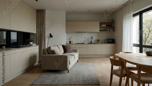 Minimalist studio apartment with neutral tones and natural light from a large window.