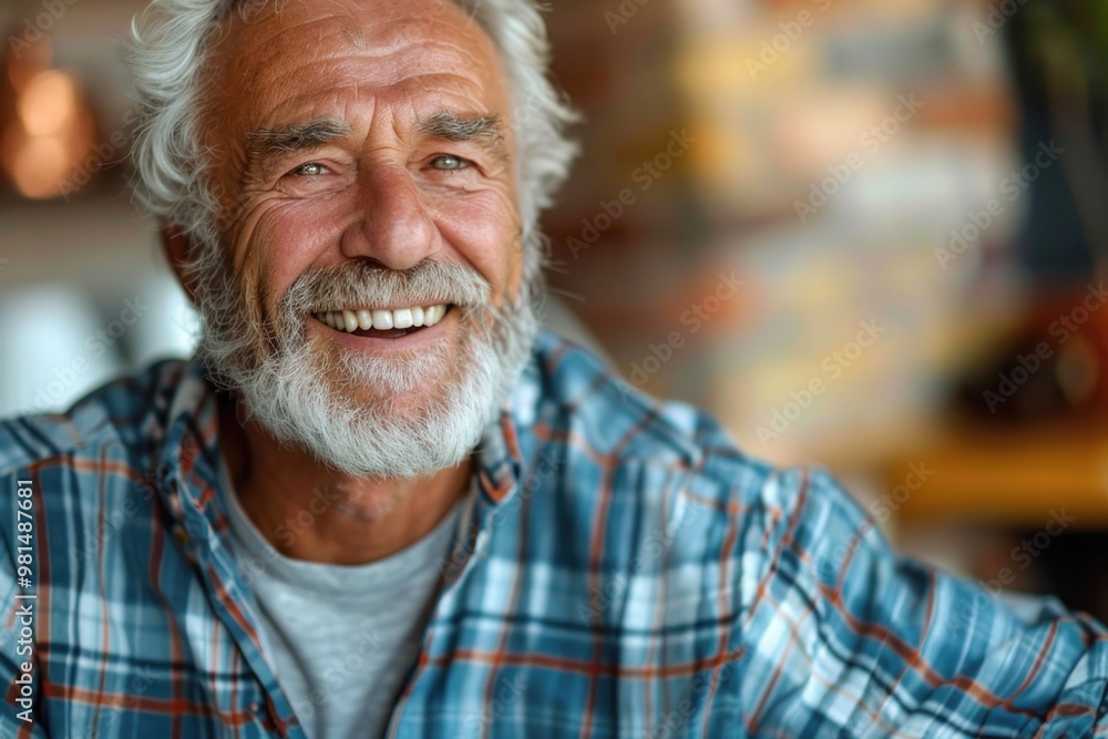 Portrait of an older man with a white beard wearing a plaid shirt, suitable for use in illustrations about wisdom, age or traditional culture Portrait of an older man with a white beard wearing a plaid shirt, suitable for use in illustrations about wisdom, age or traditional culture