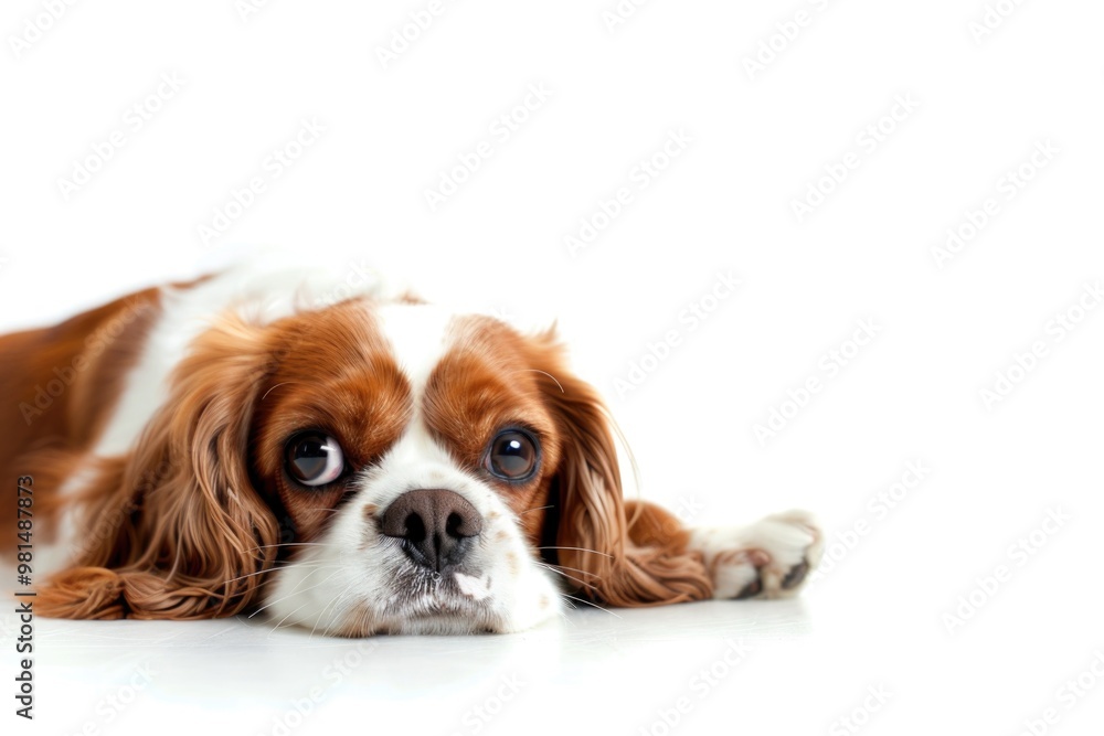 A brown and white dog lying down on a white background, ideal for pet-related or educational content A brown and white dog lying down on a white background, ideal for pet-related or educational content